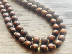 2 Strand Wood & Gold Beaded Necklace, brown Jewelry Chunky statement necklace, big beaded necklace jewelry, natural smooth wood