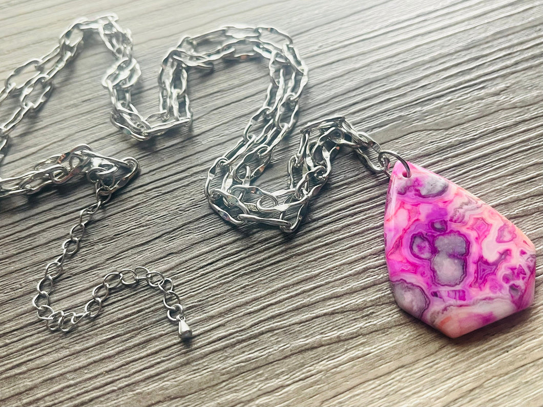 GemStone Chunky Statement Necklace, hot pink spotted Jasper necklace, long gem jewelry, beaded necklace, agate jewelry pendant long