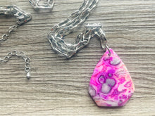 Load image into Gallery viewer, GemStone Chunky Statement Necklace, hot pink spotted Jasper necklace, long gem jewelry, beaded necklace, agate jewelry pendant long