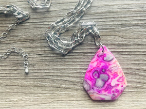 GemStone Chunky Statement Necklace, hot pink spotted Jasper necklace, long gem jewelry, beaded necklace, agate jewelry pendant long