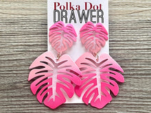 Load image into Gallery viewer, Blush Pink &amp; Hot Pink Tropical Teardrop earrings, pink earrings, metal painted Monstera leaf drop dangle palm tree jewelry