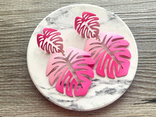 Load image into Gallery viewer, Blush Pink &amp; Hot Pink Tropical Teardrop earrings, pink earrings, metal painted Monstera leaf drop dangle palm tree jewelry