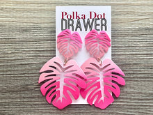 Load image into Gallery viewer, Blush Pink &amp; Hot Pink Tropical Teardrop earrings, pink earrings, metal painted Monstera leaf drop dangle palm tree jewelry