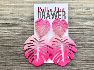 Blush Pink & Hot Pink Tropical Teardrop earrings, pink earrings, metal painted Monstera leaf drop dangle palm tree jewelry