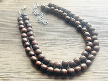 Load image into Gallery viewer, 2 Strand Wood &amp; Silver Beaded Necklace, brown Jewelry Chunky statement necklace, big beaded necklace jewelry, natural smooth wood