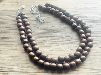 2 Strand Wood & Silver Beaded Necklace, brown Jewelry Chunky statement necklace, big beaded necklace jewelry, natural smooth wood