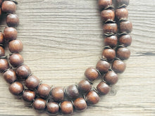 Load image into Gallery viewer, 2 Strand Wood &amp; Silver Beaded Necklace, brown Jewelry Chunky statement necklace, big beaded necklace jewelry, natural smooth wood