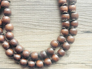 2 Strand Wood & Silver Beaded Necklace, brown Jewelry Chunky statement necklace, big beaded necklace jewelry, natural smooth wood