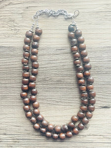 2 Strand Wood & Silver Beaded Necklace, brown Jewelry Chunky statement necklace, big beaded necklace jewelry, natural smooth wood