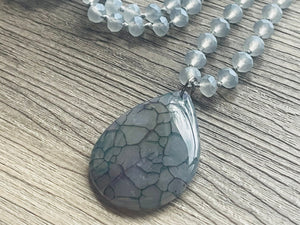 GemStone Chunky Statement Necklace, gray blue Dragon Vein striped gemstone necklace, long gem jewelry beaded agate jewelry pendant