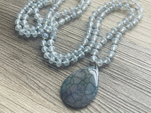 Load image into Gallery viewer, GemStone Chunky Statement Necklace, gray blue Dragon Vein striped gemstone necklace, long gem jewelry beaded agate jewelry pendant