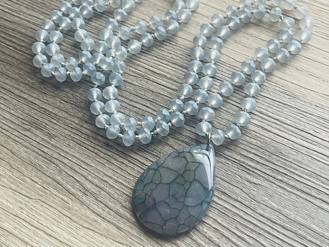 GemStone Chunky Statement Necklace, gray blue Dragon Vein striped gemstone necklace, long gem jewelry beaded agate jewelry pendant