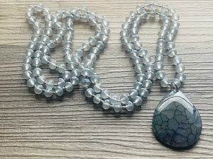 GemStone Chunky Statement Necklace, gray blue Dragon Vein striped gemstone necklace, long gem jewelry beaded agate jewelry pendant