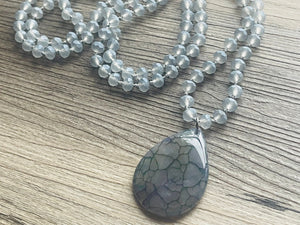 GemStone Chunky Statement Necklace, gray blue Dragon Vein striped gemstone necklace, long gem jewelry beaded agate jewelry pendant