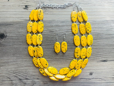 Paint splatter Yellow Necklace, 3 Strand Statement Jewelry, Yellow Chunky bib bridesmaid everyday bubble jewelry earrings