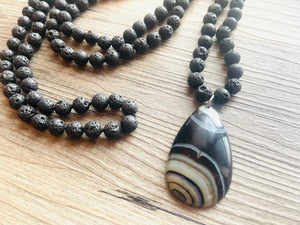 GemStone Chunky Statement Necklace, gray black lava stone striped gemstone necklace, long gem jewelry beaded agate jewelry pendant