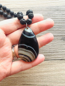 GemStone Chunky Statement Necklace, gray black lava stone striped gemstone necklace, long gem jewelry beaded agate jewelry pendant