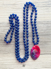 Load image into Gallery viewer, GemStone Chunky Statement Necklace, royal blue pink Dragon Vein striped gemstone necklace, long gem jewelry beaded agate jewelry pendant