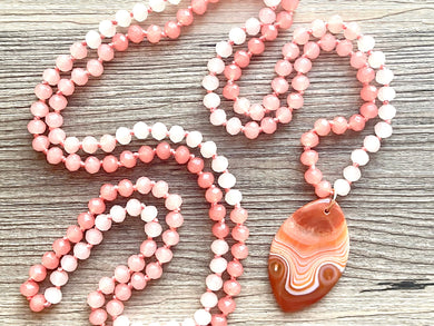 GemStone Chunky Statement Necklace, coral peach pink Dragon Vein striped gemstone necklace, long gem jewelry beaded agate jewelry pendant