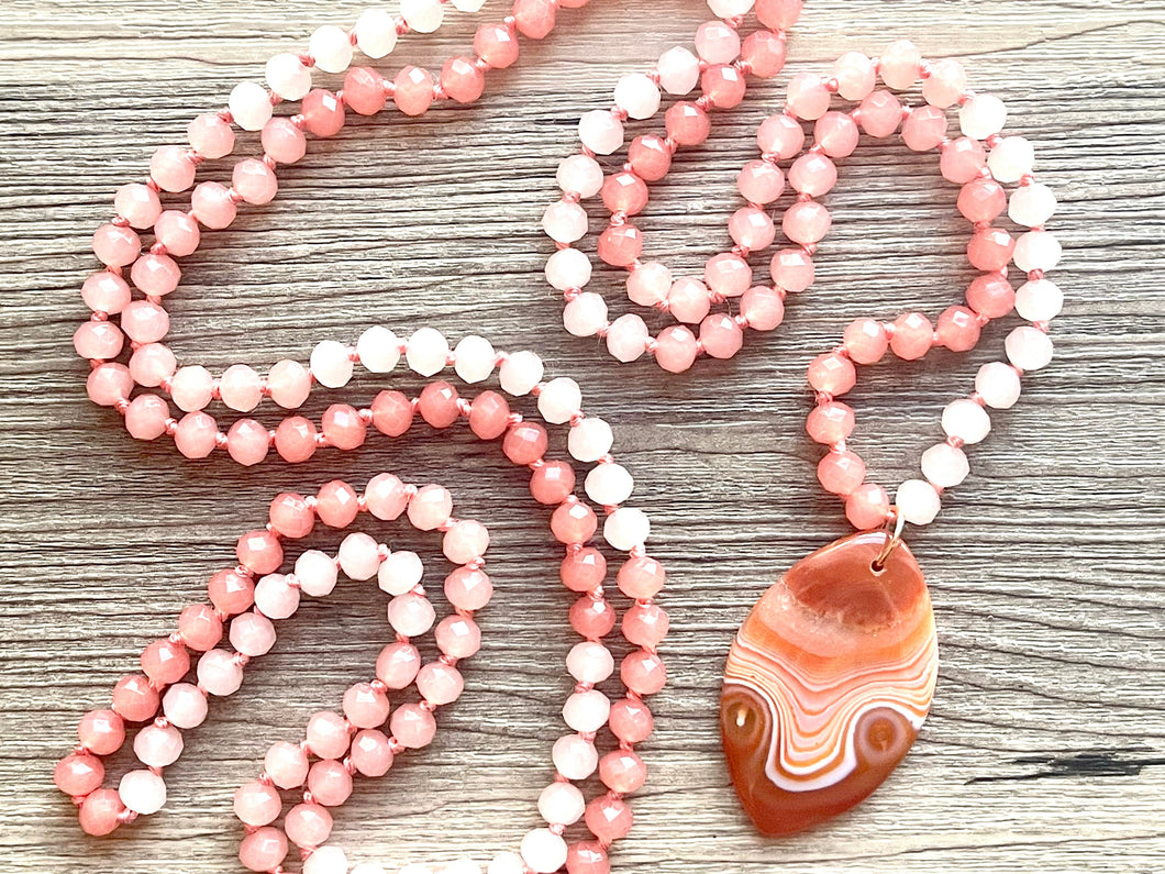 GemStone Chunky Statement Necklace, coral peach pink Dragon Vein striped gemstone necklace, long gem jewelry beaded agate jewelry pendant