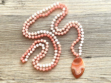 Load image into Gallery viewer, GemStone Chunky Statement Necklace, coral peach pink Dragon Vein striped gemstone necklace, long gem jewelry beaded agate jewelry pendant