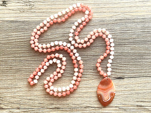 GemStone Chunky Statement Necklace, coral peach pink Dragon Vein striped gemstone necklace, long gem jewelry beaded agate jewelry pendant