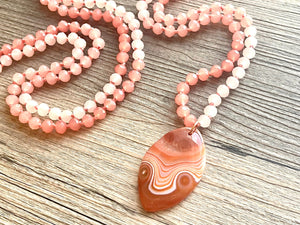 GemStone Chunky Statement Necklace, coral peach pink Dragon Vein striped gemstone necklace, long gem jewelry beaded agate jewelry pendant