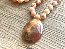 Load image into Gallery viewer, GemStone Chunky Statement Necklace, brown red striped gemstone necklace, long gem jewelry beaded necklace, agate jewelry pendant long