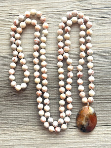 GemStone Chunky Statement Necklace, brown red striped gemstone necklace, long gem jewelry beaded necklace, agate jewelry pendant long