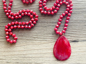 GemStone Chunky Statement Necklace, Red Pink Dragon Vein striped gemstone necklace, long gem jewelry beaded agate jewelry pendant