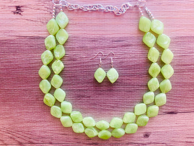 Lime Green Double Statement Necklace, Chunky Jewelry Big Beaded Necklace, sunshine neon green Necklace, earrings Jewelry Geometric set