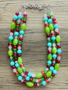 Watermelon picnic OOAK chunky beaded statement necklace, neon pink mint lime raspberry necklace jewelry, beaded vacation necklace