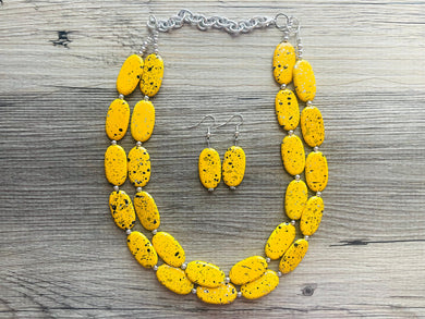 Paint splatter Yellow Necklace, 2 Strand Statement Jewelry, Yellow Chunky bib bridesmaid everyday bubble jewelry earrings