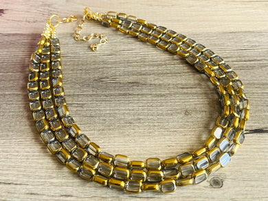 Gold Dipped beaded statement necklace, triple strand necklace, gray jewelry, glass jewelry, 3 chunky jewelry gray gold geometric statement