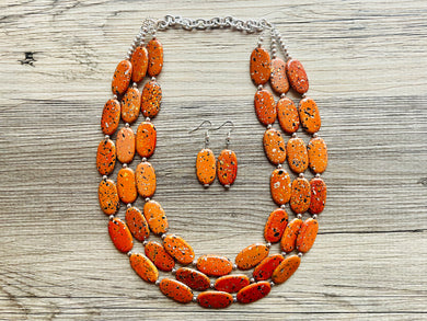 Paint splatter burnt orange Necklace, 3 Strand Statement Jewelry, orange Chunky bib bridesmaid everyday bubble jewelry earrings