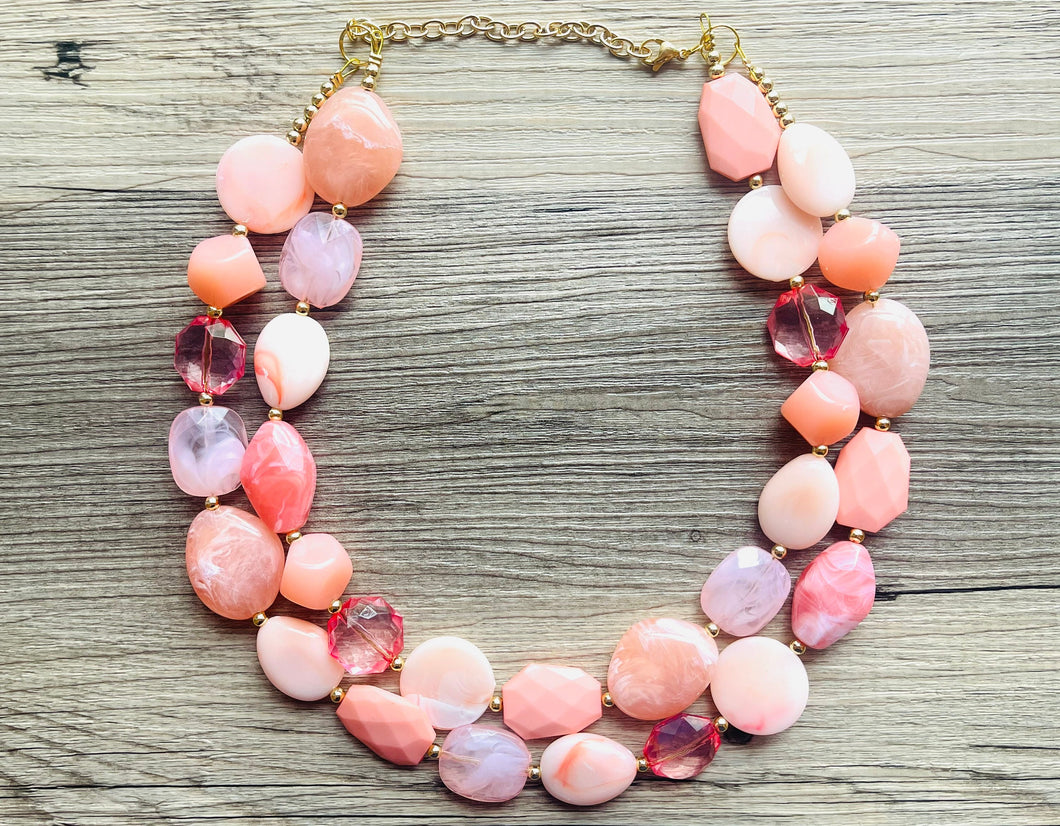 Peach Bellini Double Layer Statement Necklace , chunky silver jewelry, 2 strand pink peach jewelry, Statement Necklace gold beaded