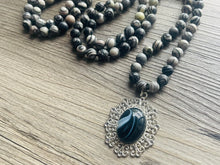 Load image into Gallery viewer, GemStone Chunky Statement Necklace, black Speckled agate gemstone necklace, long gem jewelry beaded metallic, silver jewelry pendant long