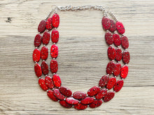 Load image into Gallery viewer, Paint splatter red Necklace, 3 Strand Statement Jewelry, maroon Chunky bib bridesmaid everyday bubble jewelry earrings dark red