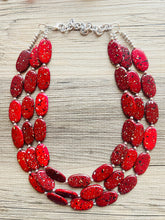Load image into Gallery viewer, Paint splatter red Necklace, 3 Strand Statement Jewelry, maroon Chunky bib bridesmaid everyday bubble jewelry earrings dark red