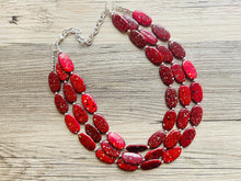 Load image into Gallery viewer, Paint splatter red Necklace, 3 Strand Statement Jewelry, maroon Chunky bib bridesmaid everyday bubble jewelry earrings dark red