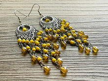 Load image into Gallery viewer, Yellow &amp; Silver Flutter Beaded Tassel statement earrings, metal jewelry, marigold geometric earrings pierced dangle drop chunky