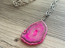 Load image into Gallery viewer, GemStone Chunky Statement Necklace, hot pink agate slice necklace, long gem jewelry, beaded necklace, agate jewelry pendant long