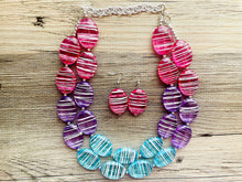 Load image into Gallery viewer, Blue Purple Pink Striped Chunky Statement Necklace double Strand Beaded jewelry, bridesmaid bib blue magenta aqua turquoise hot pink