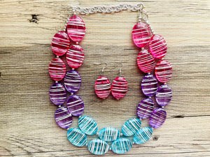 Blue Purple Pink Striped Chunky Statement Necklace double Strand Beaded jewelry, bridesmaid bib blue magenta aqua turquoise hot pink