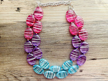 Load image into Gallery viewer, Blue Purple Pink Striped Chunky Statement Necklace double Strand Beaded jewelry, bridesmaid bib blue magenta aqua turquoise hot pink