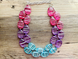 Blue Purple Pink Striped Chunky Statement Necklace double Strand Beaded jewelry, bridesmaid bib blue magenta aqua turquoise hot pink