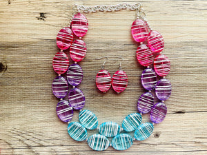 Blue Purple Pink Striped Chunky Statement Necklace double Strand Beaded jewelry, bridesmaid bib blue magenta aqua turquoise hot pink