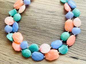 Creamy Popsicle double strand chunky jewelry, beaded blue jewelry, light blue thick necklace, turquoise periwinkle peach blue turquoise bib