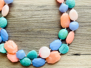 Creamy Popsicle double strand chunky jewelry, beaded blue jewelry, light blue thick necklace, turquoise periwinkle peach blue turquoise bib