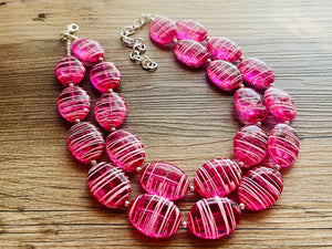 Dark Pink & White Striped Chunky Statement Necklace double Strand Beaded jewelry, bridesmaid bib magenta hot pink earrings